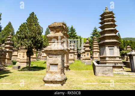 Pagoda forest in Shaolin temple, Dengfeng, Henan Province, China. It is the burying places of the most eminent monks of the temple over the centuries, Stock Photo