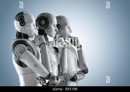 Automation analysis technology concept with 3d rendering group of cyborgs think Stock Photo
