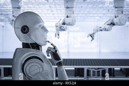 Automation factory concept with 3d rendering robot arm with warehouse ...