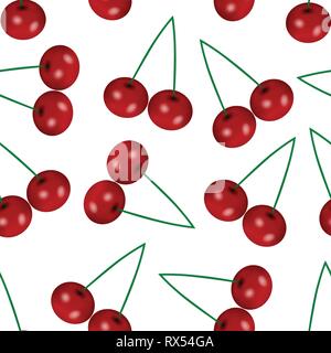 Realistic cherry seamless pattern on white isolated background. Fruity texture concept for web design, covers, drapery, clothing materials, tablecloth Stock Vector