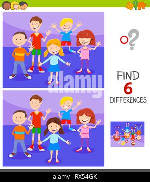 Cartoon Illustration of Finding Six Differences Between Pictures Educational Game for Children with Funny Kids Characters Group Stock Vector