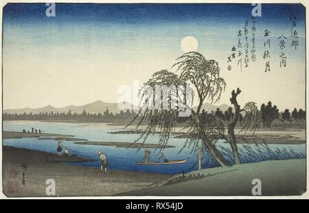 Autumn Moon over Tama River (Tamagawa no shugetsu), from the series 'Eight Views in the Environs of Edo (Edo kinko hakkei no uchi)'. Utagawa Hiroshige ?? ??; Japanese, 1797-1858. Date: 1832-1843. Dimensions: 13 3/4 x 8 3/4 in. Color woodblock print; oban. Origin: Japan. Museum: The Chicago Art Institute. Stock Photo