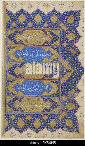 Right-Hand Page from the Qur'an. Iran. Date: 1499-1599. Dimensions: 32.6 x 19.5 cm (12 7/8 x 7 11/16 in.). Ink and opaque watercolor on paper. Origin: Shiraz. Museum: The Chicago Art Institute. Author: Islamic. Stock Photo