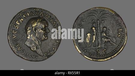Coin Portraying Emperor Vespasian. Roman. Date: 71 AD. Dimensions: Diam. 3.4 cm; 23.40 g. Bronze. Origin: Roman Empire. Museum: The Chicago Art Institute. Author: ANCIENT ROMAN. Stock Photo