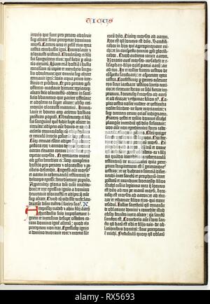 Gutenberg Bible Leaf. Johannes Gutenberg; German, c. 1398-1468. Date: 1454-1455. Dimensions: 287 x 193 mm (text); 392 x 285 mm (sheet). Letterpress in black with initials in red and blue on ivory laid paper. Origin: Mainz. Museum: The Chicago Art Institute. Stock Photo