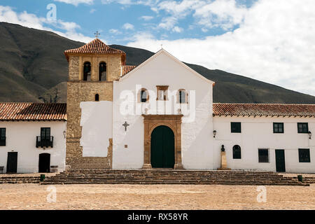 Exterior View of Villa de Leyva Church on the Central Square in Boyacá Stock Photo