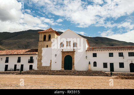 Exterior View of Villa de Leyva Church on the Central Square in Boyacá Stock Photo