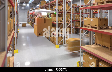 drone at work in warehouse 3d rendering image Stock Photo