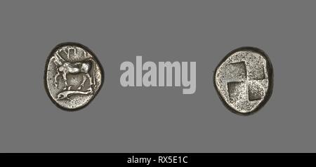 Drachm (Coin) Depicting a Cow with Dolphin below. Greek. Date: 416 BC-357 BC. Dimensions: Diam. 1.7 cm; 5.15 g. Silver. Origin: Ancient Greece. Museum: The Chicago Art Institute. Stock Photo