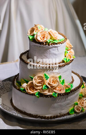 Very beautiful handmade wedding cake, new design. Stock Photo