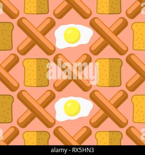 Eggs, Grill Sausages and Bread Seamless Pattern. Fast Food Texture. Stock Vector