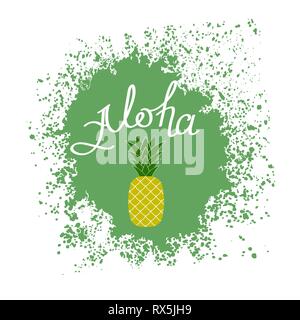 Lettering AlohaText with Pineapple. Hand Sketched Aloha Typography Sign Stock Vector