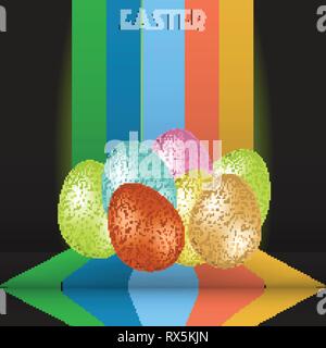 3D Illustration of Easter Eggs and Decorative Text Over Multicolored Stripes on Black Background Stock Vector