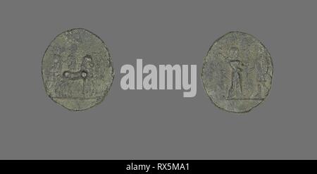 Coin Depicting the Goddess Artemis. Greek. Date: 190 BC. Dimensions: Diam. 1.6 cm; 3.17 g. Bronze. Origin: Ancient Greece. Museum: The Chicago Art Institute. Stock Photo