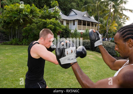 Man practicing boxing in park Stock Photo