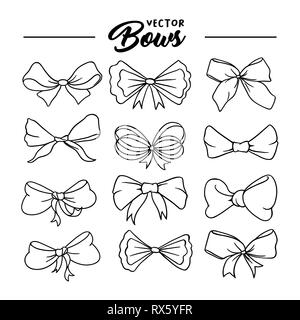 Bows handdrawn illustrations set. Ribbon knots linear drawings. Ink pen bowknots contour cliparts. Bow-tie sketches outline collection. Coloring book, greeting card thin line isolated design elements Stock Vector