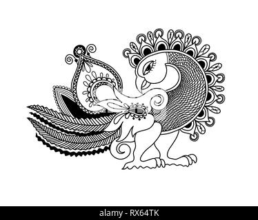 sketch hand drawing of paisley peacock bird, indian tradition kalamkari Stock Vector