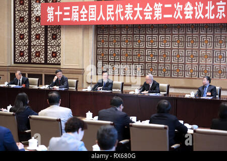 (190308) -- BEIJING, March 8, 2019 (Xinhua) -- Chinese Vice Premier Han Zheng, also a member of the Standing Committee of the Political Bureau of the Communist Party of China (CPC) Central Committee, joins deliberation of the Beijing delegation at the second session of the 13th National People's Congress in Beijing, capital of China, March 8, 2019. (Xinhua/Liu Bin) Stock Photo