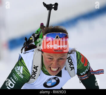 08 March 2019, Sweden, Östersund: Biathlon: world championship, sprint 7, 5 km, women. Laura Dahlmeier from Germany reacts at the finish. Photo: Sven Hoppe/dpa Stock Photo