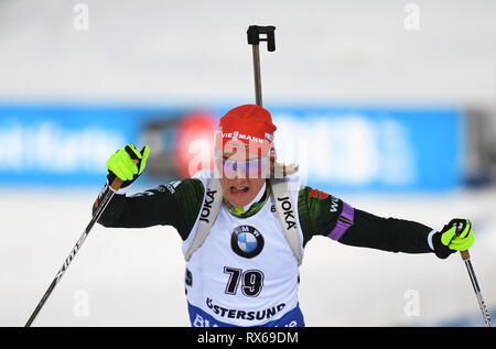 08 March 2019, Sweden, Östersund: Biathlon: world championship, sprint 7, 5 km, women. Denise Herrmann from Germany crosses the finish line. Photo: Sven Hoppe/dpa Stock Photo