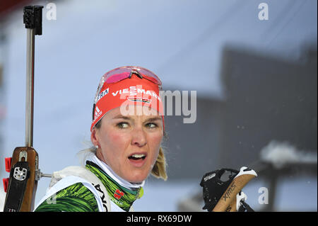 08 March 2019, Sweden, Östersund: Biathlon: world championship, sprint 7, 5 km, women. Denise Herrmann from Germany reacts at the finish. Photo: Sven Hoppe/dpa Stock Photo