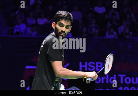 Arena Birmingham, Birmingham, UK. 8th Mar, 2019. Yonex All England Open Badminton Championships, day 3; mens singles match, Kento MOMOTA of Japan versus KIDAMBI Srikanth of India; KIDAMBI Srikanth of India Credit: Action Plus Sports/Alamy Live News Stock Photo