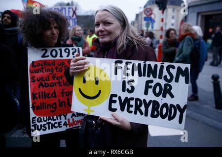 Brussels, Belgium. 8th Mar, 2019. Women take part in a rally during the International Women's Day. Credit: ALEXANDROS MICHAILIDIS/Alamy Live News Stock Photo