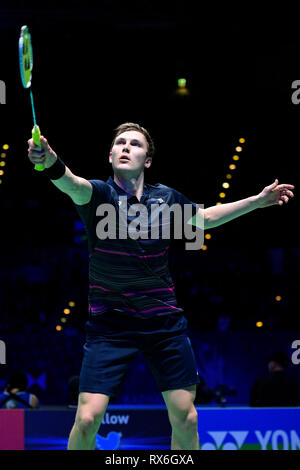 Birmingham, UK. 8th Mar 2019. All England Open Badminton Championships : DAY 3 BIRMINGHAM, ENGLAND - MARCH 8 : MEN'Singles, Viktor AXELSEN of DENMARK in action at the Yonex All England Open Badminton Championships at Arena Birmingham on March 8, 2019 Birmingham, England Credit: PATRICK ANTHONISZ/Alamy Live News Stock Photo