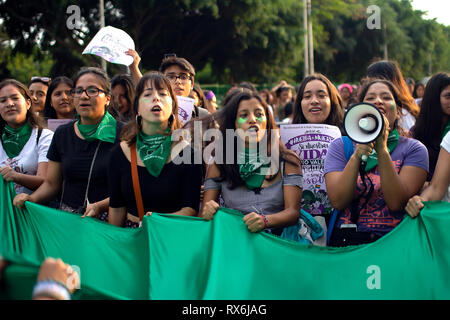 Lima, Peru. 8th Mar 2019. Group of Peruvian woman shouting at woman's day march.  Gender equality, abortion rights and feminism concept. Credit: Myriam Borzee/Alamy Live News Stock Photo
