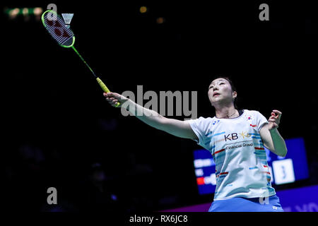 Birmingham. 8th Mar, 2019. South Korea's Sung Ji Hyun competes during the women's singles quarter finals match with China's Chen Yufei at the All England Open Badminton Championships 2019 in Birmingham, Britain on March 8, 2019. Credit: Tang Shi/Xinhua/Alamy Live News Stock Photo