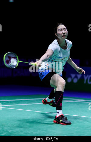 Birmingham. 8th Mar, 2019. South Korea's Sung Ji Hyun competes during the women's singles quarter finals match with China's Chen Yufei at the All England Open Badminton Championships 2019 in Birmingham, Britain on March 8, 2019. Credit: Tang Shi/Xinhua/Alamy Live News Stock Photo