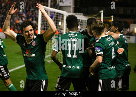 Dublin, Republic Of Ireland. 08th Mar, 2019. CIARAN COLL of Derry City FC celebrates after penalty during the Airtricity League fixture between Bohemians FC & Derry City FC at Dalymount Park, Dublin Credit: Kevin Moore/mci/Alamy Live News Stock Photo