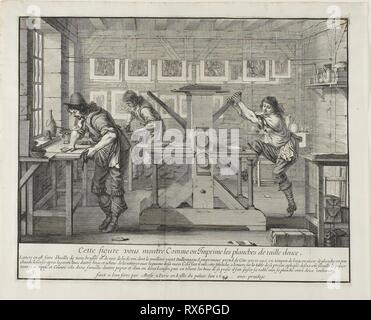 The Etcher's Press - The Printmaker's Shop. Abraham Bosse; French, 1602-1676. Date: 1642. Dimensions: 257 × 322 mm (plate); 288 × 357 mm (sheet). Etching on ivory wove paper. Origin: France. Museum: The Chicago Art Institute. Stock Photo