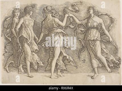 Four Women Dancing. School of Andrea Mantegna; Italian, 1431-1506. Date: 1492-1502. Dimensions: 238 × 336 mm. Engraving on paper. Origin: Italy. Museum: The Chicago Art Institute. Stock Photo