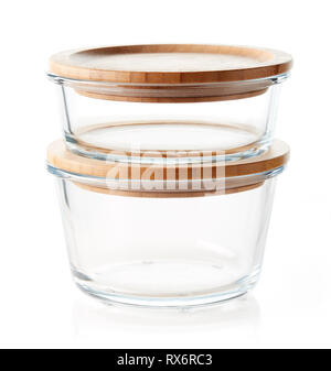 Glass food containers with wooden lid isolated on white background Stock Photo