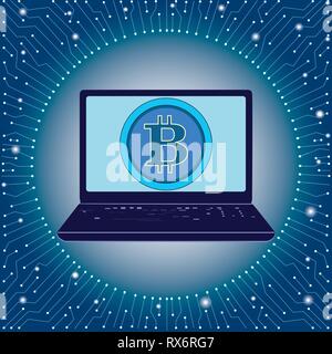 Flat drawing of a laptop, bitcoin. Income on the Internet. Digital money sign . dark, digital networks. Vector Stock Vector