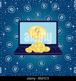 Dollar coin and the concept of bitcoin. Laptop for remote operation. Earnings on the Internet. Dark blue. Vector Stock Vector