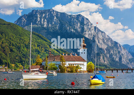 Scenic view on Gmunden Schloss Ort or Schloss Orth in the Traunsee lake in Gmunden city. Schloss Ort is an Austria Stock Photo