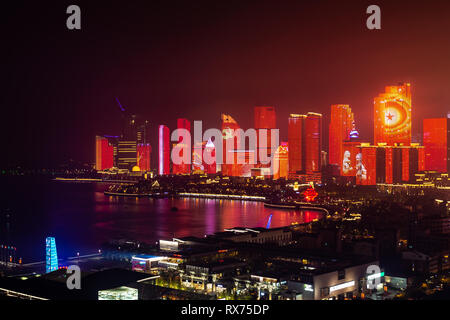 June 2018 - Qingdao, China - The new lightshow of Qingdao skyline created for the SCO summit between China and Russia of June 2018 behind 4th may squa Stock Photo