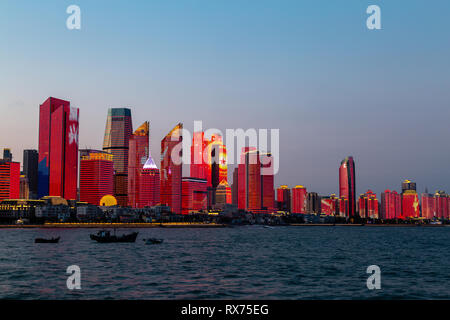 July 2018 - Qingdao, China - The new lightshow of Qingdao skyline created for the SCO summit between China and Russia of June 2018 seen from the Bathi Stock Photo