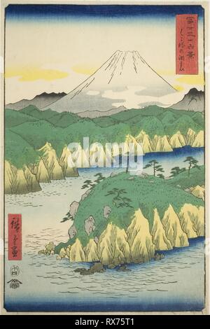 Lake at Hakone (Hakone no kosui), from the series 'Thirty-six Views of Mount Fuji (Fuji sanjurokkei)'. Utagawa Hiroshige ?? ??; Japanese, 1797-1858. Date: 1858. Dimensions: 34.4 x 22.7 cm (13 9/16 x 8 15/16 in.). Color woodblock print; oban. Origin: Japan. Museum: The Chicago Art Institute. Stock Photo