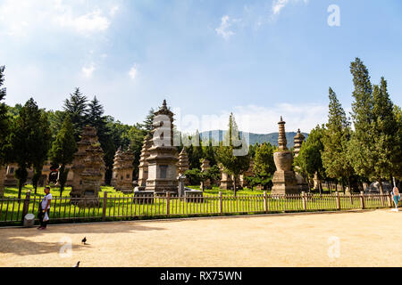 July 2016, Dengfeng, China - Pagoda forest in Shaolin temple. It is the burying places of the most eminent monks of the temple over the centuries, and Stock Photo