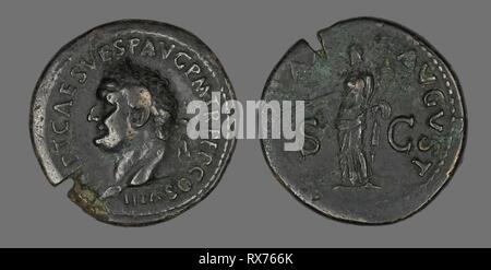 Coin Portraying Emperor Vespasian. Roman. Date: 76 AD. Dimensions: Diam. 3.4 cm; 21.48 g. Bronze. Origin: Roman Empire. Museum: The Chicago Art Institute. Author: ANCIENT ROMAN. Stock Photo