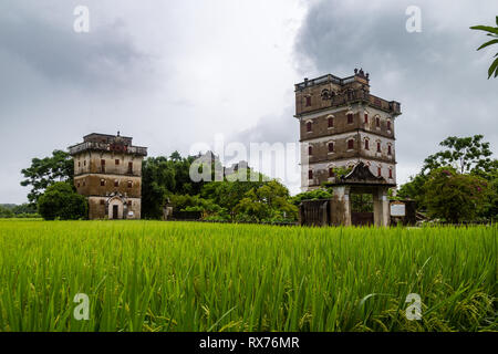 July 2017, Kaiping, China. Kaiping Diaolou in Zili Village, near Guangzhou. Built by rich overseas Chinese, these family houses are a unique mix of Ch Stock Photo