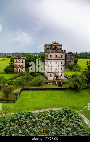 July 2017, Kaiping, China. Kaiping Diaolou in Zili Village, near Guangzhou. Built by rich overseas Chinese, these family houses are a unique mix of Ch Stock Photo