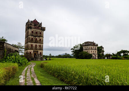 July 2017, Kaiping, China. Kaiping Diaolou in Zili Village, near Guangzhou. Built by rich overseas Chinese, these family houses are a unique mix of Ch Stock Photo