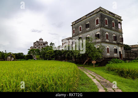 July 2017, Kaiping, China. Kaiping Diaolou in Zili Village, near Guangzhou. Built by rich overseas Chinese, these family houses are a unique mix of Ch Stock Photo