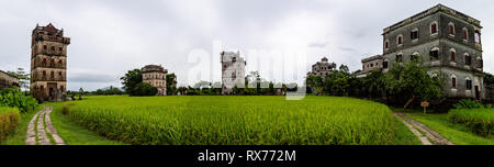 July 2017, Kaiping, China. Kaiping Diaolou in Zili Village, near Guangzhou. Built by rich overseas Chinese, these family houses are a unique mix of Ch Stock Photo