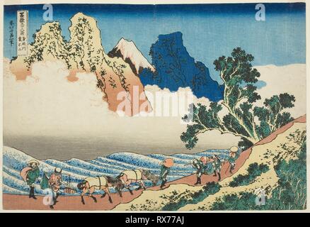 The Back of Mount Fuji Seen from Minobu River (Minobugawa Urafuji), from the series 'Thirty-six Views of Mount Fuji (Fugaku sanjurokkei)'. Katsushika Hokusai ?? ??; Japanese, 1760-1849. Date: 1825-1838. Dimensions: 24.6 x 36.4 cm (9 11/16 x 14 5/16 in.). Color woodblock print; oban. Origin: Japan. Museum: The Chicago Art Institute. Stock Photo