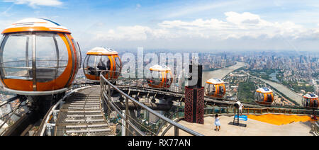 July 2017, Guangzhou, China. Bubble tram on the top of Canton tower in ...